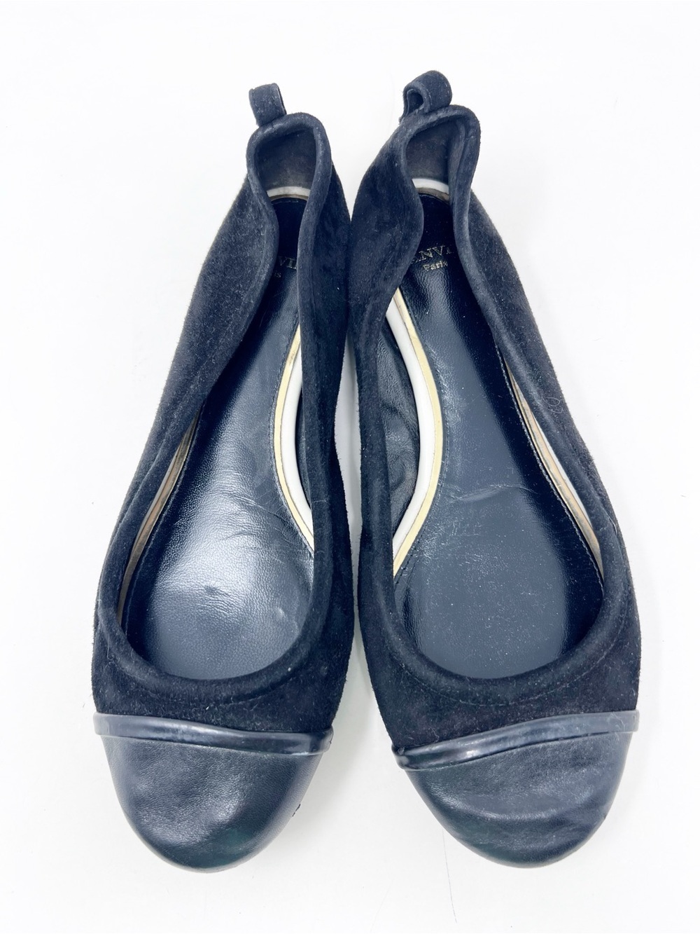 LANVIN PARIS BLACK SUEDE LEATHER TOE CAP SLIP ON BALLET FLATS WOMENS 38.5